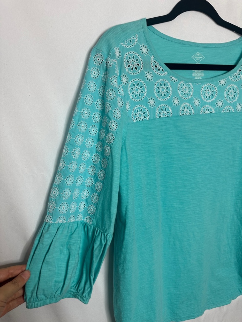 St. John's Bay Turquoise Embroidered Scoop Neck 3/4 Sleeve Top - Picture 2 of 4